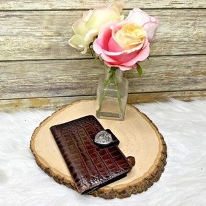 Vntg Brighton Brown Croc Embossed Leather Wallet Folder Folio Journal Case Cover